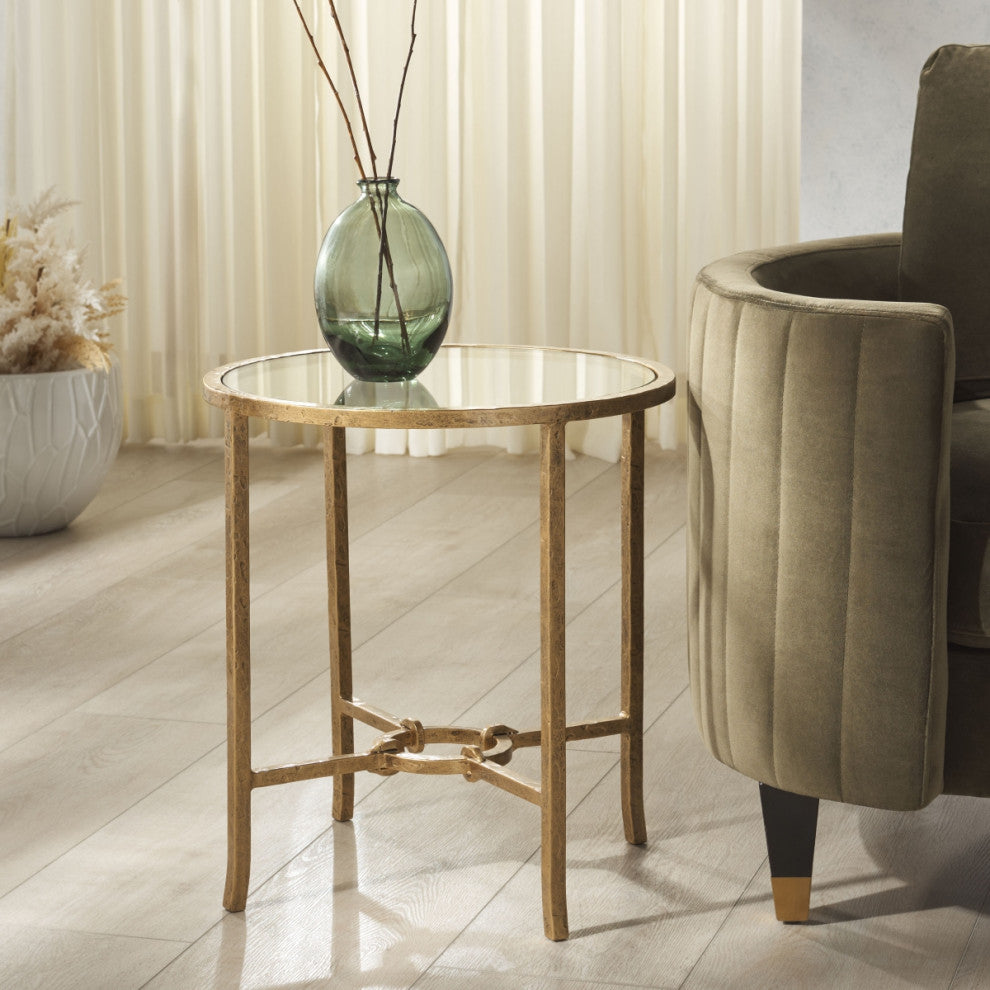 Safavieh Couture Tauri Metal Round Accent Table, Brass/Clear