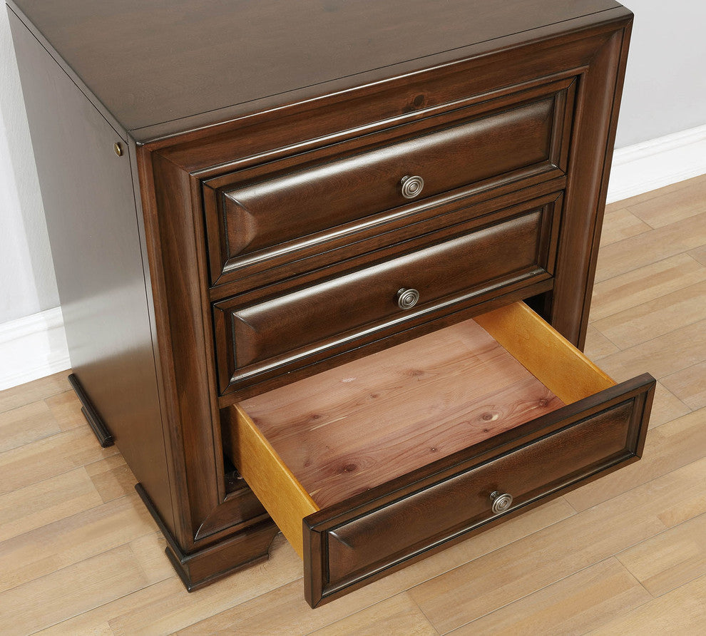 Benzara BM181394 Wooden Night Stand With 3 Drawers, Cherry Brown