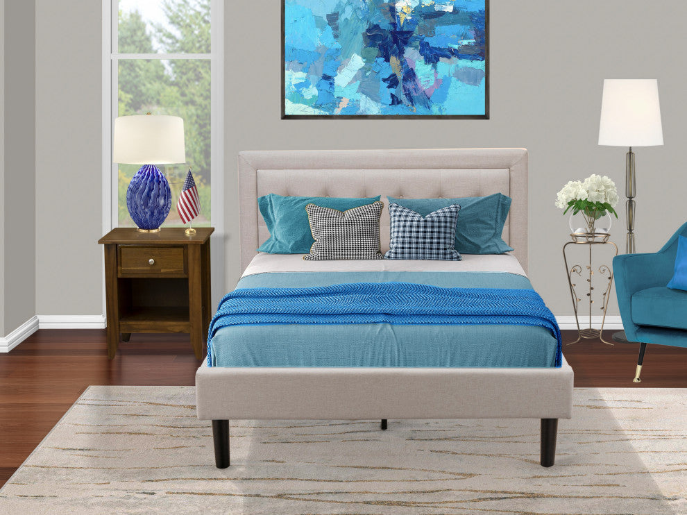 2-Pc Platform Full Size Bed Set, 1 Wood Bed Frame, Nightstand Mist Beige Fabric