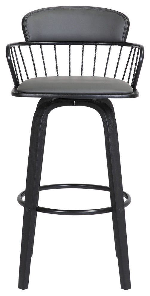 Willow 25.5" Swivel Black Wood Counter Stool Gray Faux Leather with Black Metal, 30