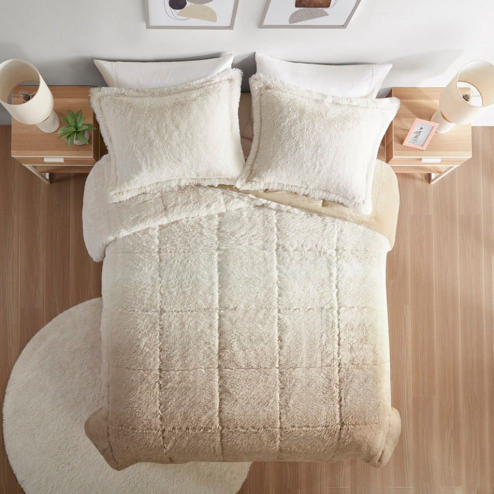 Intelligent Design Brielle Ombre Shaggy Long Fur Comforter Mini Set, Natural