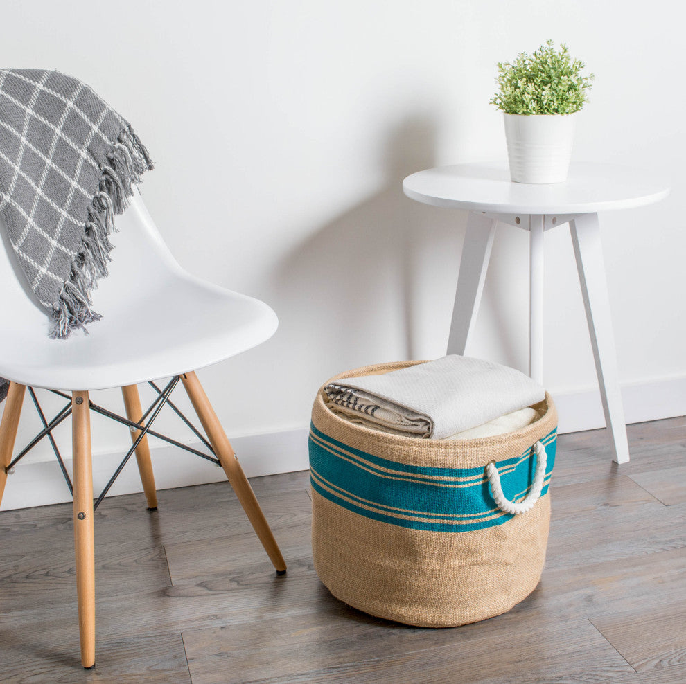 Burlap Bin Border Teal Round Large 15"x16"x16"