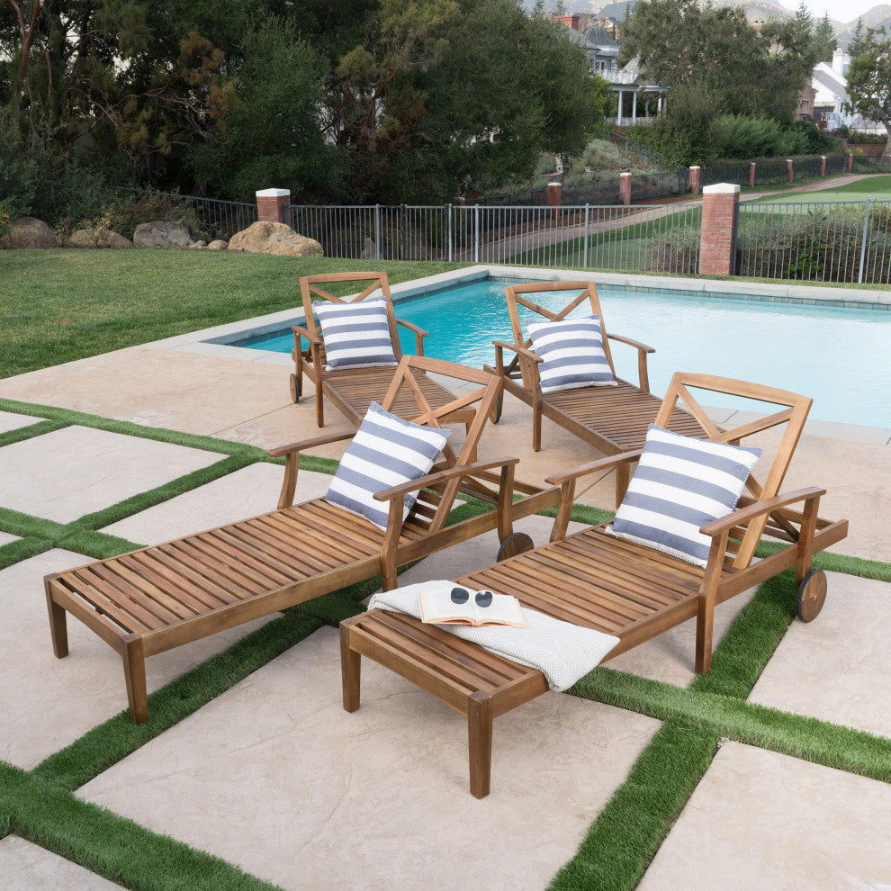 GDF Studio Thalia Outdoor Teak Finished Acacia Wood Chaise Lounge, Set of 4