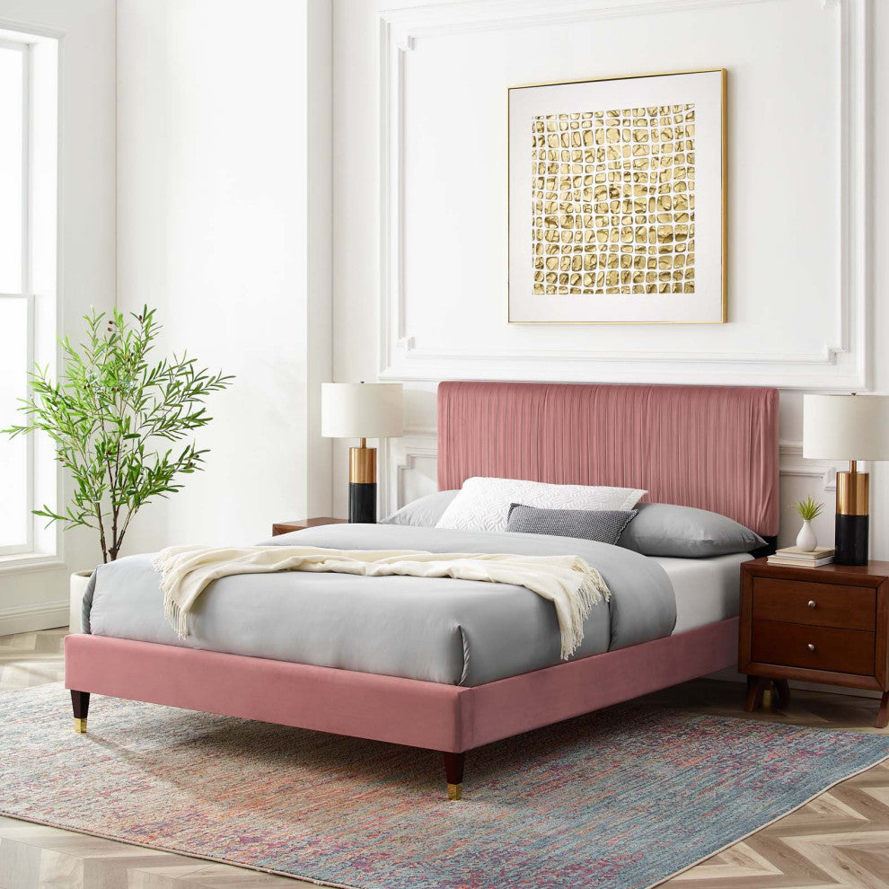 Platform Bed Frame, Queen Size, Velvet, Pink, Modern Contemporary, Bedroom