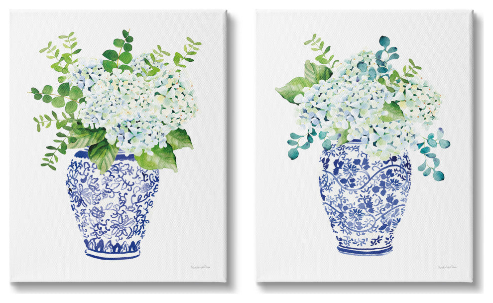 Blue Floral Bouquets Lush Green Botanicals Ornate Pot,2pc, each 24 x 30