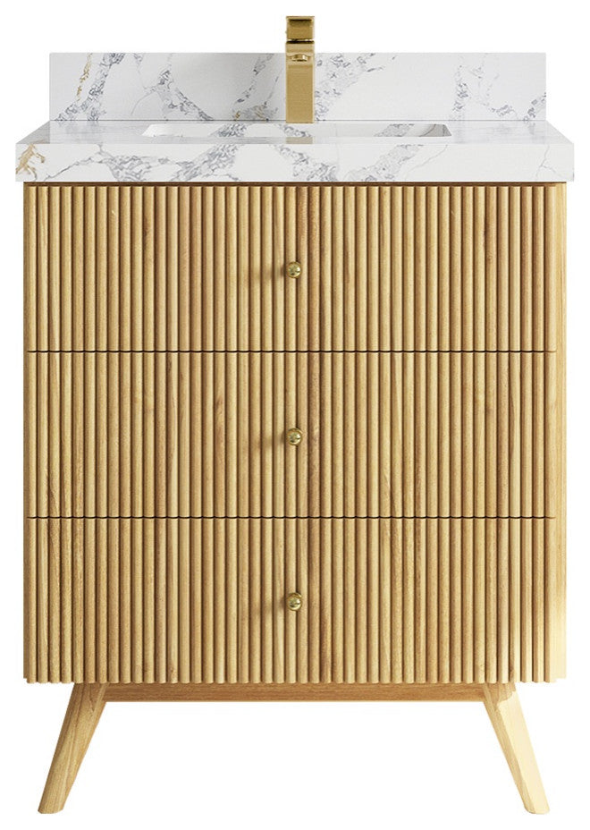 Pasadena 30" Single Sink Bath Vanity, Light Natural Teak 2" Calacatta Poanazzo