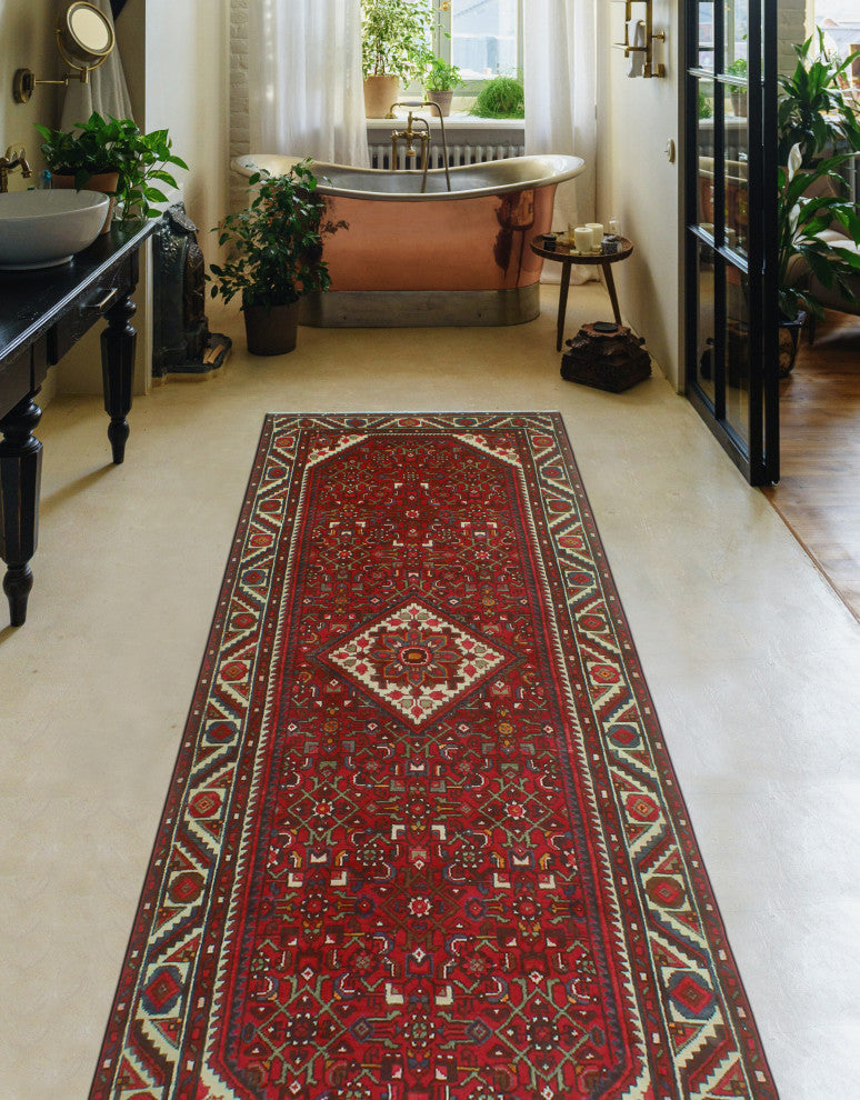 Fine Vintage Distressed Nahid Red/Ivory Runner, 3'11 x 9'11