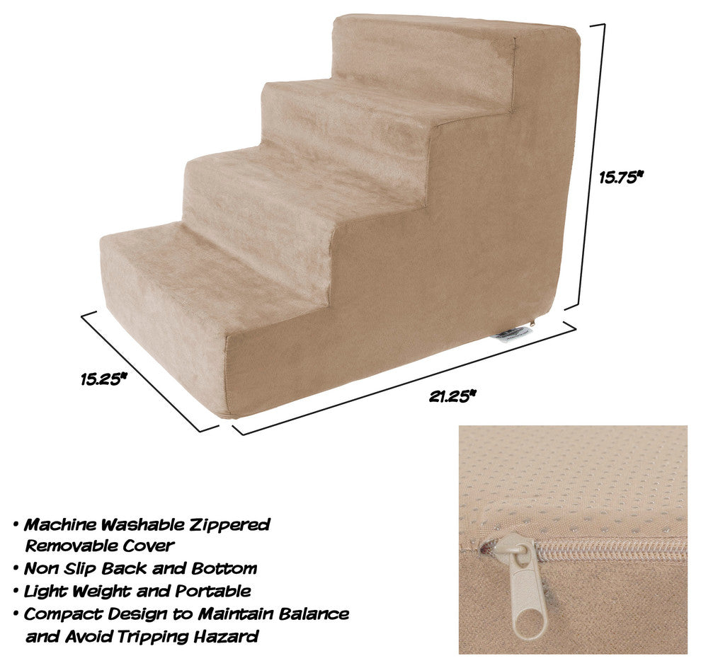 High Density Foam Pet Stairs 4 Steps With Removeable Cover By Petmaker, Tan
