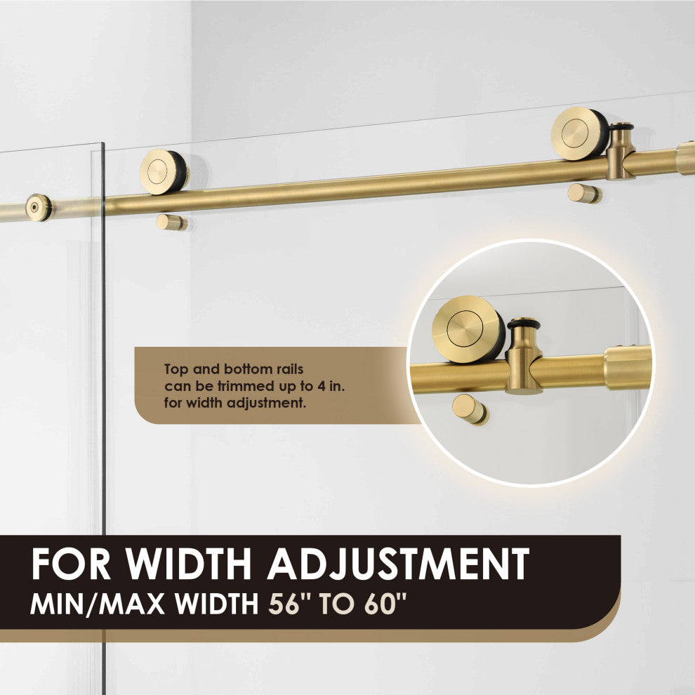 Lazaro Single Sliding Frameless Tub Door, Clear Glass, Brushed Gold, 60"wx58"h