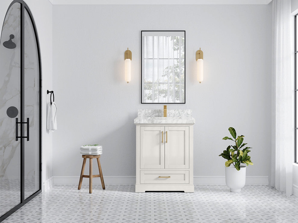 Boston 30" Single Sink Bath Vanity in Alabaster 2" Carrara Marble