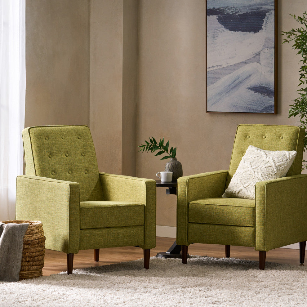 Mason Mid-Century Modern Button Tufted Fabric Recliner, Fabric/Muted Green, Set of 2