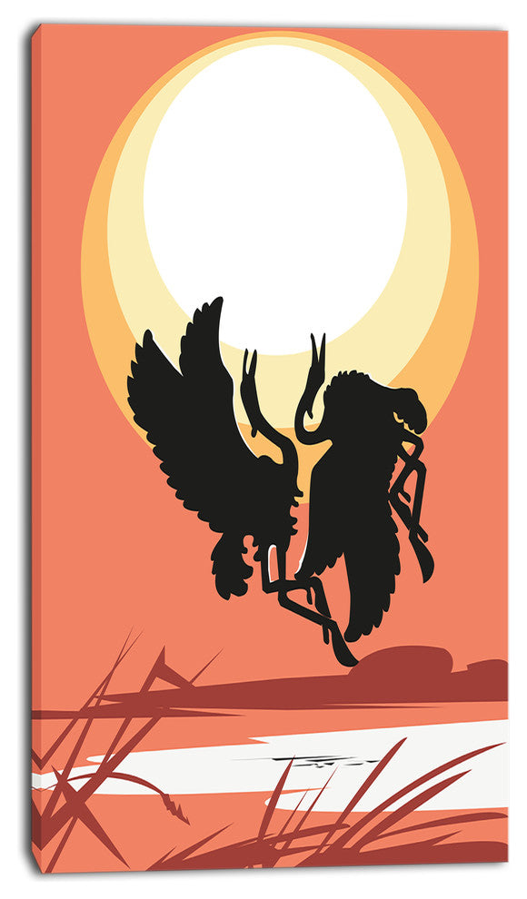 Birds at Sunset Vector Drawing, Large Abstract Canvas Wall Art, 16"x32"