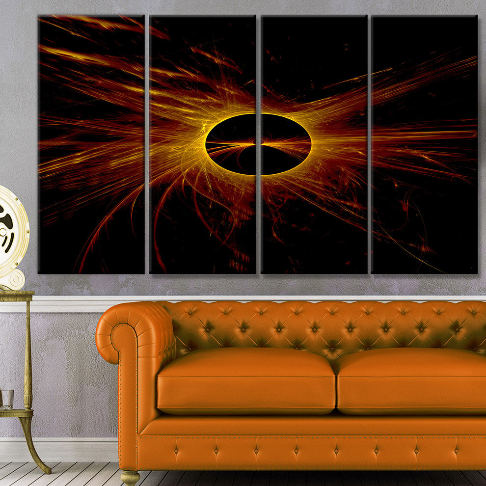 Dark Solar Eclipse on Black, Abstract Art on Canvas, 48"x28", 4 Panels
