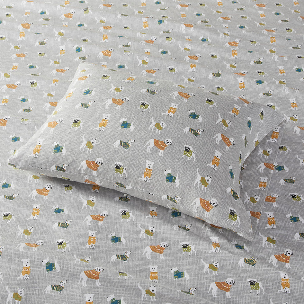 True North by Sleep Philosophy Cotton Flannel Kids Sheet Set, Grey Dogs
