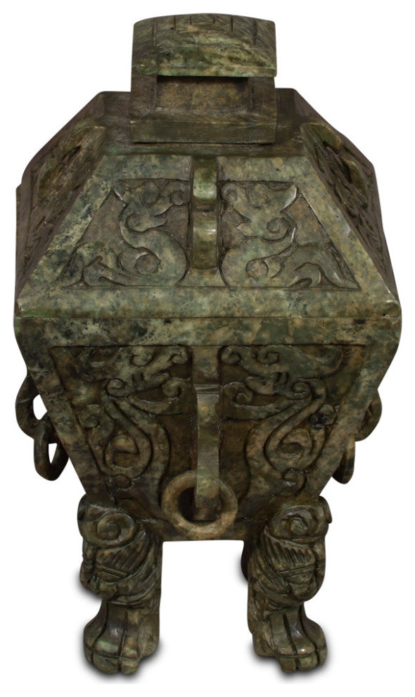 Hand Carved Geometric Jade Vessel with Removable Lid