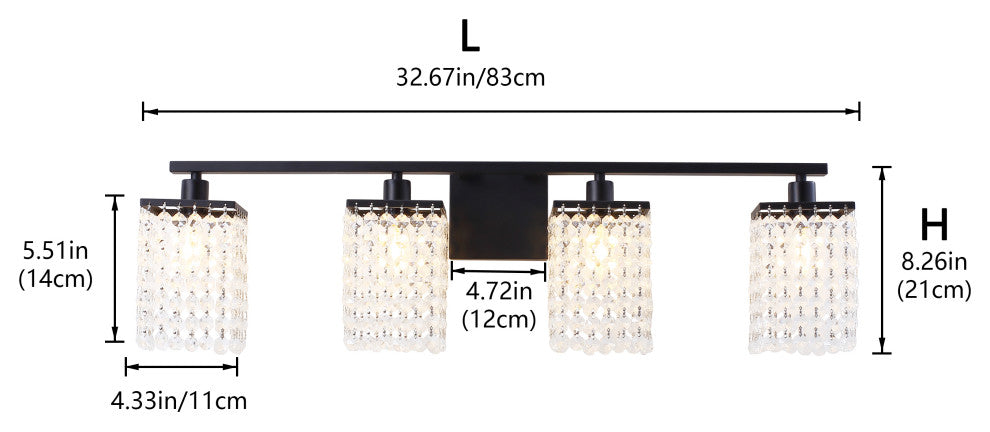 Modern Black Finish Crystal Style Bathroom Vanity Light, 4-Light