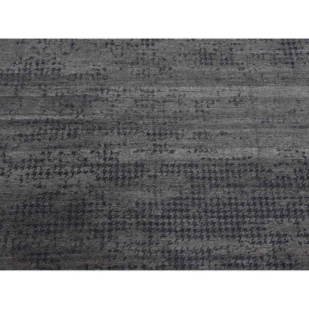 Black and Gray Modern Design Zero Pile Pure Silk Hand Knotted Rug, 8'0"x10'1"