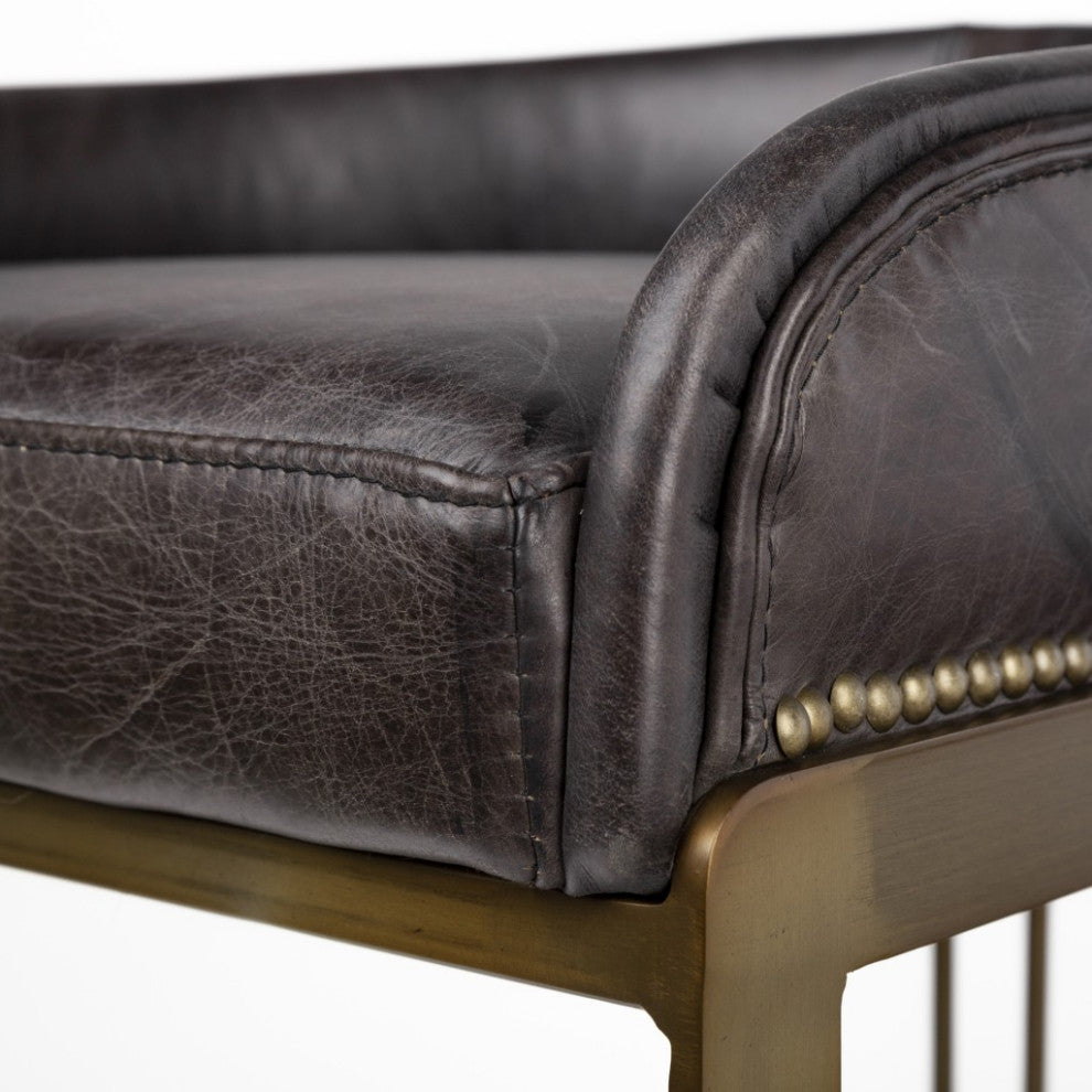 29" Black Leather Antiqued Gold Low Back Counter Stool