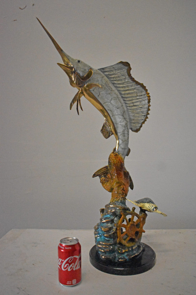 Sailfish with Turtle Bronze Statue - Size: 12"L x 18"W x 31"H.