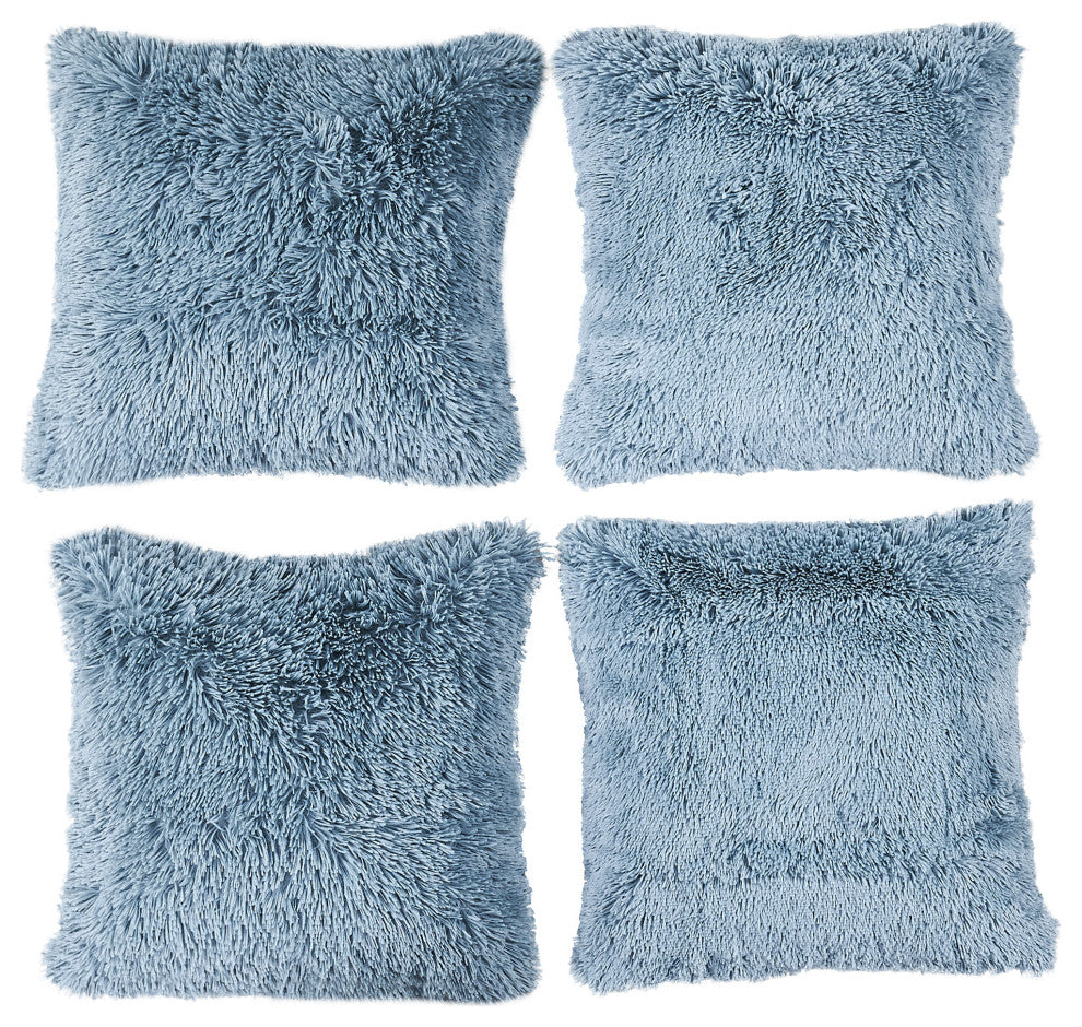 Shaggy Faux Fur Pillow Cover, Silver Blue, Set of 4, 20"x20"