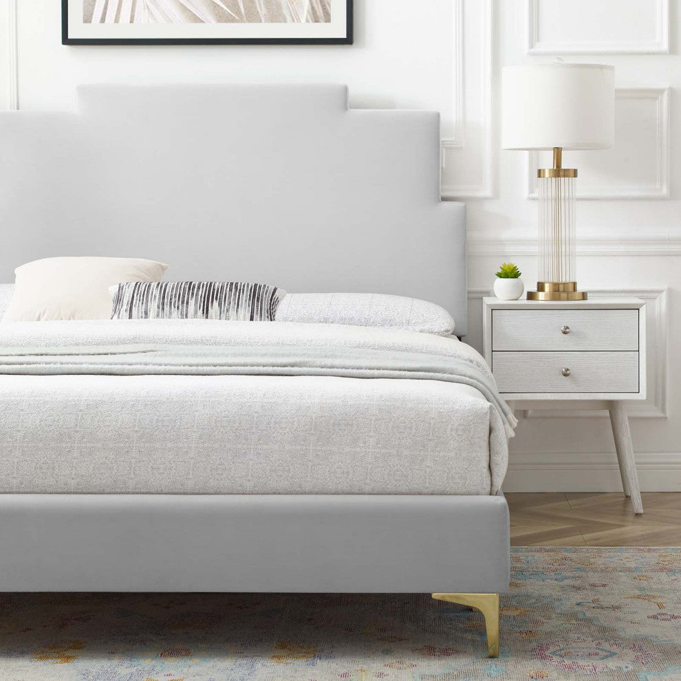 Platform Bed Frame, King Size, Velvet, Light Gray, Modern Contemporary