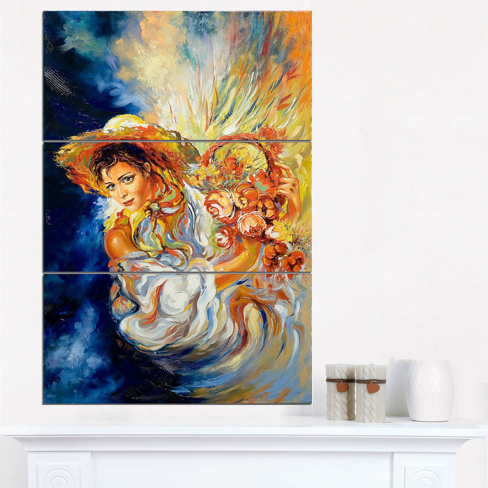 "Girl With Flowers" Glossy Metal Wall Art, 3 Panels, 28"x36"