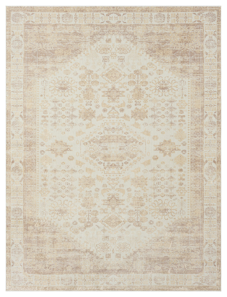 Ayla Beige Traditional Bordered Waterproof Area Rug, 2' X 5'