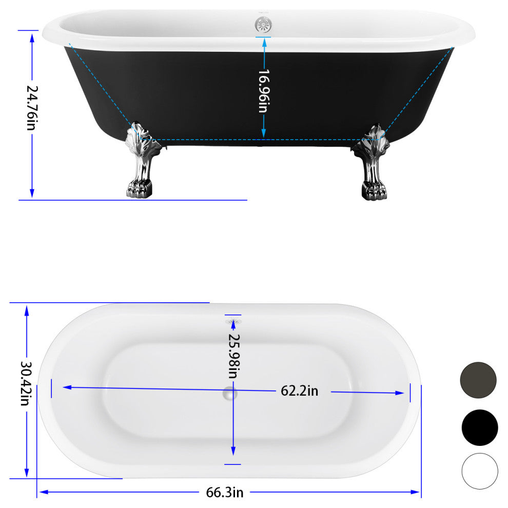 67" Acrylic Clawfoot Roll-Top Soaking Bathtub, Black