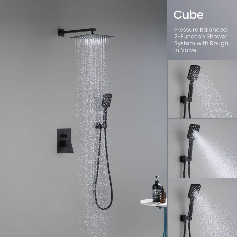 Cube Pressure 2-Function Shower System, Rough-In Valve, Matte Black
