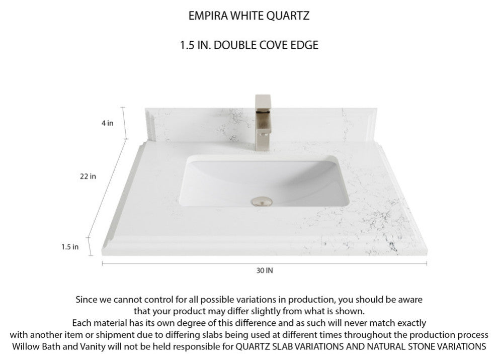 Boston 30 Single Sink Bath Vanity in White 1.5" Empira Quartz