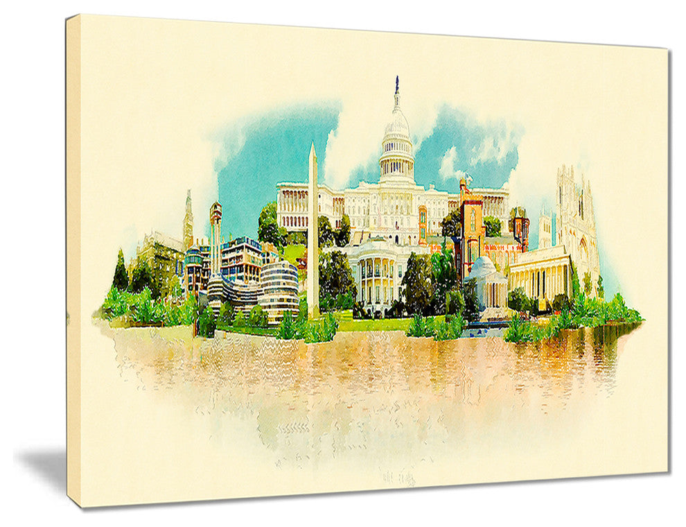 "Washington Panoramic View" Cityscape Watercolor Canvas Print, 20"x12"