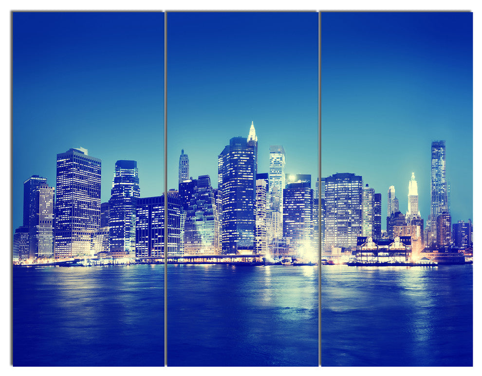 New York City Night Panorama, Extra Large Triptych Canvas Print, 36x28, 3 Panels