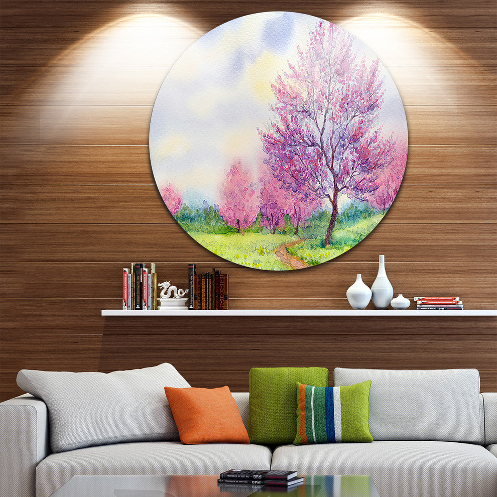 Purple Spring Landscape, Floral Disc Metal Artwork, 11"