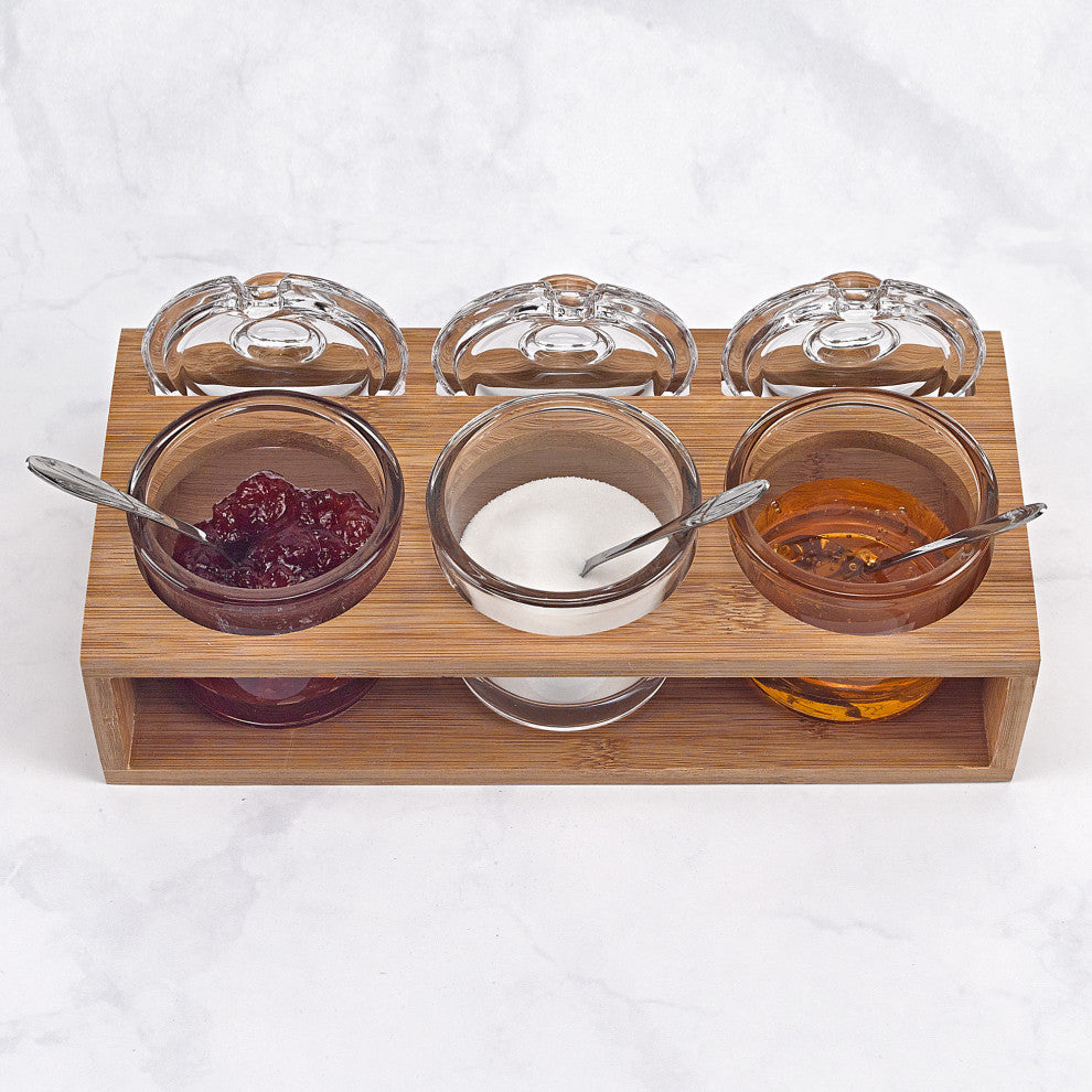 Glass Jam Set With 3 Glass Jars And Spoons On A Wood Stand