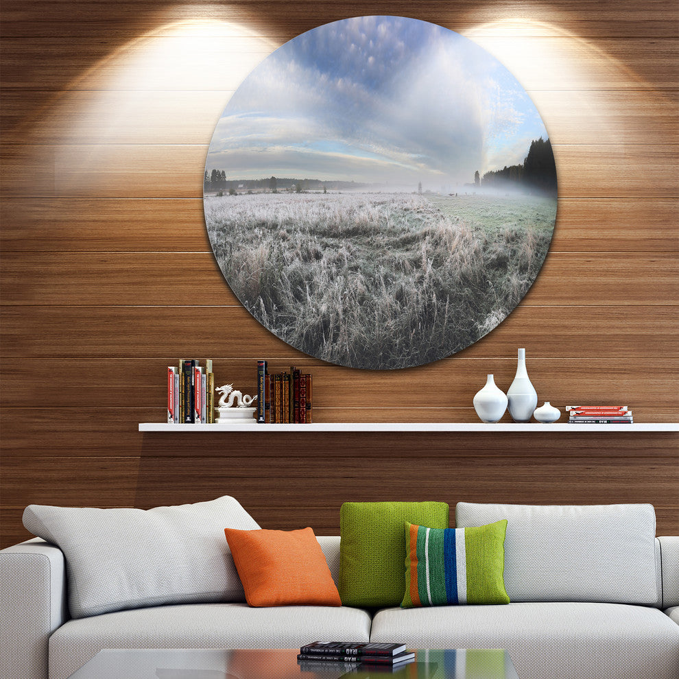Hoarfrost On Grass Under Cloudy Sky, Landscape Disc Metal Artwork, 23"
