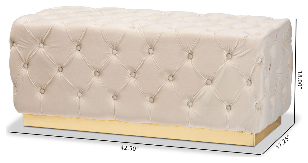 Glam and Luxe Beige Velvet Fabric Upholstered and Gold PU Leather Ottoman