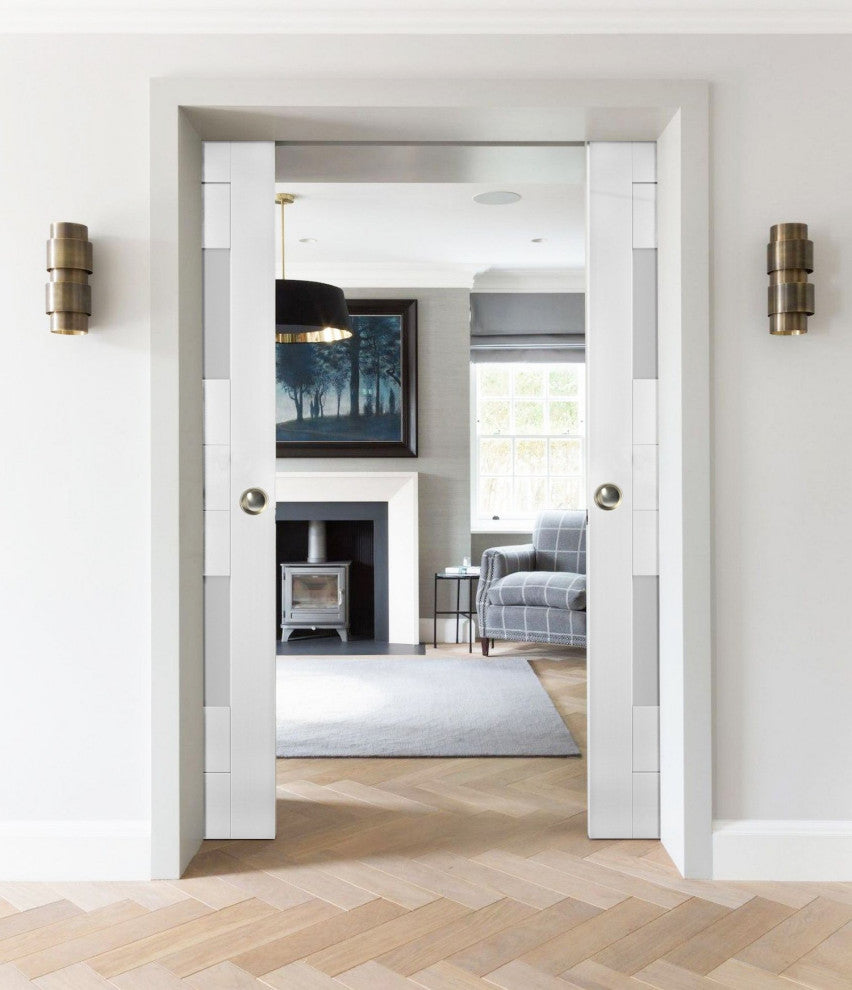 Interior Double Pocket Doors 48x96 in Opaque Glass | Sete 6222 White Silk