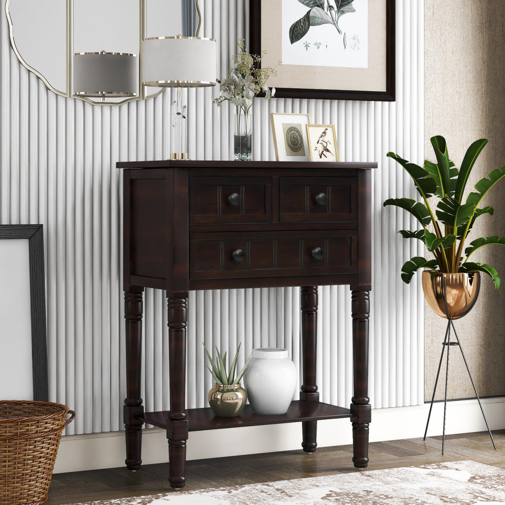 Narrow Console Table with Three Storage Drawers, Espresso