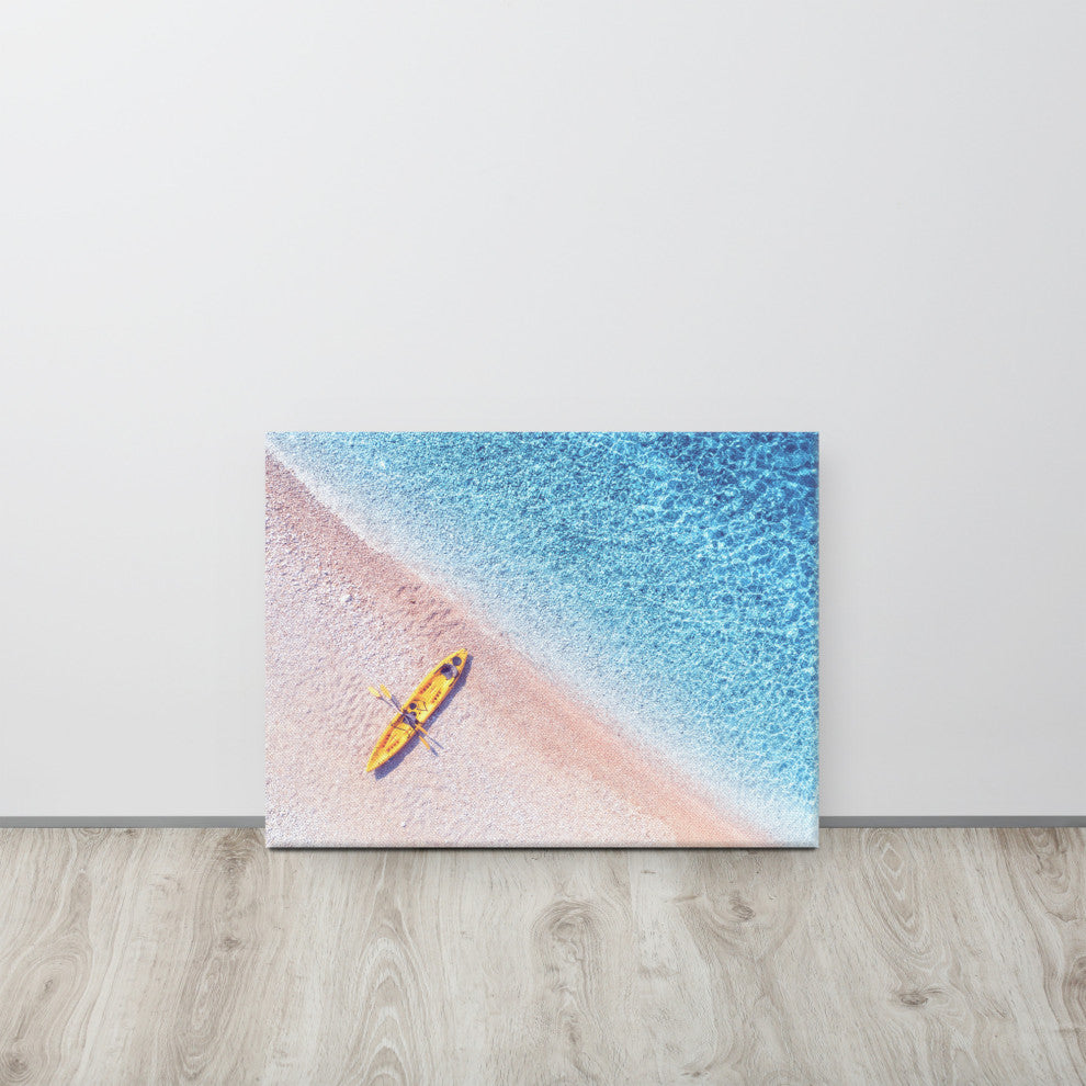 Yellow Canoe and Blue Sea by with Violet Glow Landscape Photo Canvas Art Print, 18" X 24"