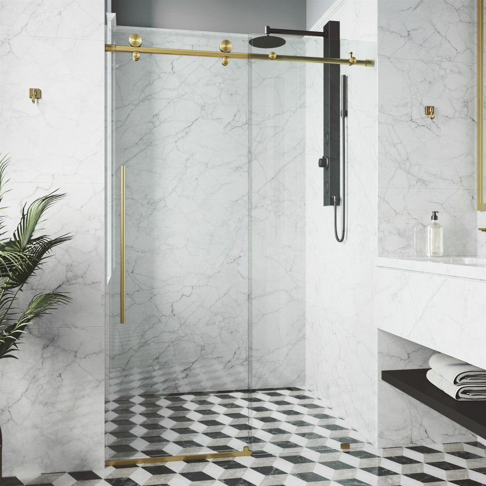 VIGO Elan E-Class 68" to 72" W x 76" H Frameless Sliding Shower Door, Matte Gold, Clear Glass