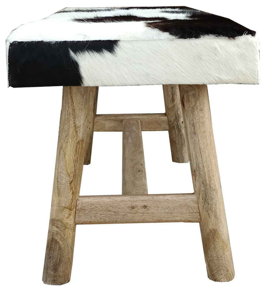 Tauro Black and White Cowhide Bench With Wooden Legs