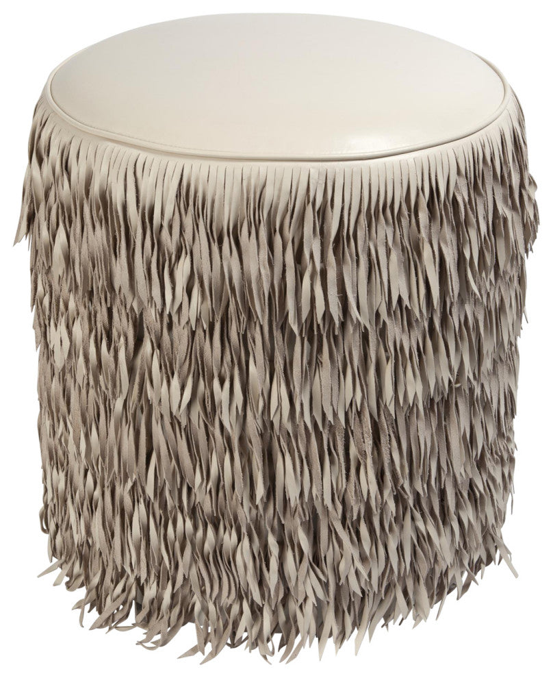 Fringe Ottoman, Ivory Marble Leather
