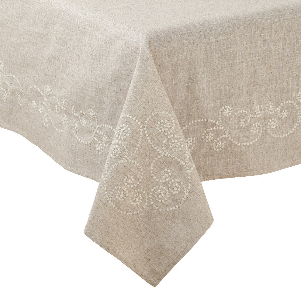 Embroidered Swirl  Natural Linen Blend Tablecloth, 67"x120"