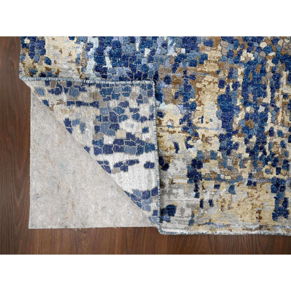Millennium Blue Modern Mosaic Design Wool and Silk Hand Knotted Rug 4'x5'11"