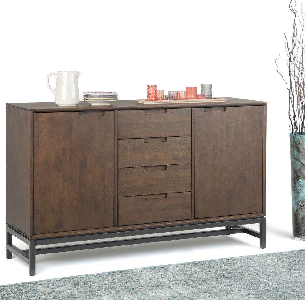 Hardwood & Metal 60"Wide Rectangle Sideboard With Centre Drawers In Walnut Brown