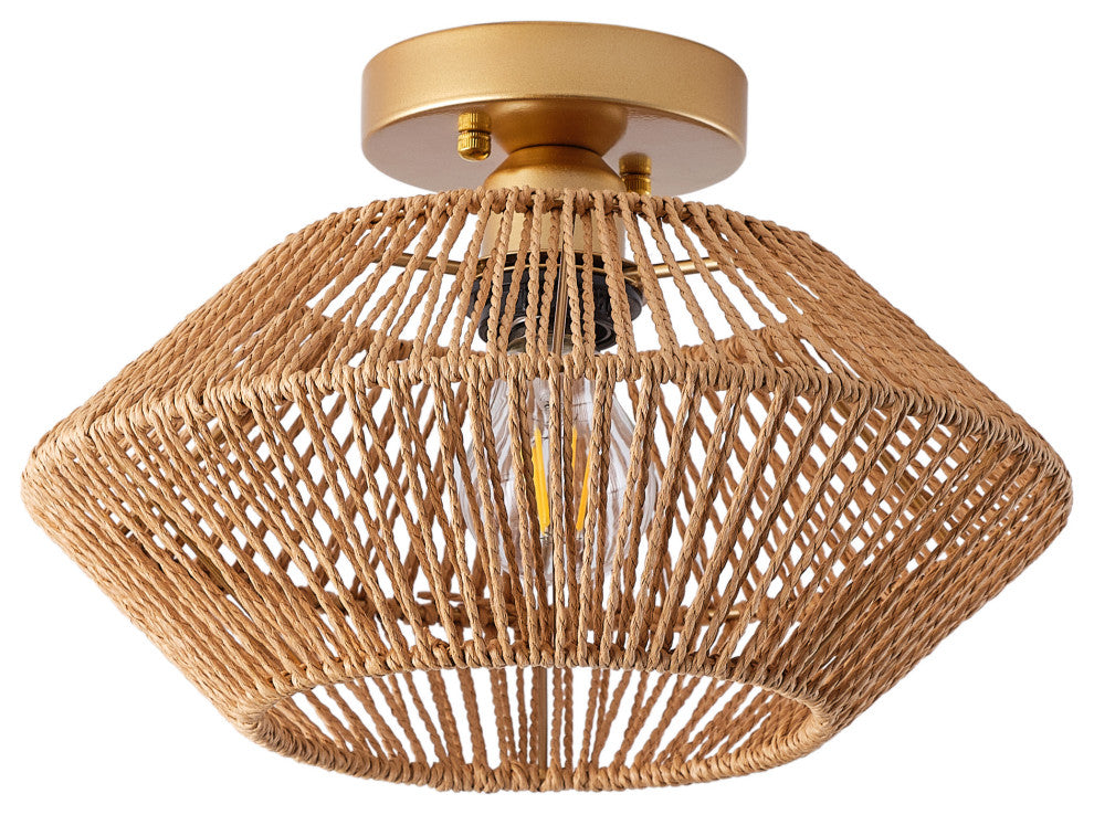 Farmhouse Brown Paper Rope Hand-Woven Semi Flush Mount Ceiling Light