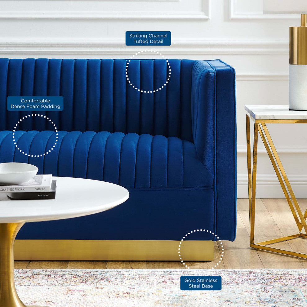 Tufted Loveseat Sofa, Velvet, Blue Navy, Modern, Living Lounge Hotel Hospitality