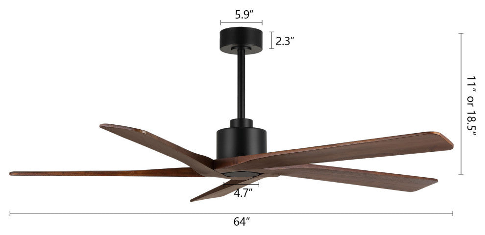 64" Reversible 5-Blade DC Ceiling Fan With Remote Control, Black/Walnut
