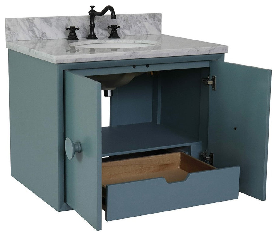 31" Single Wall Mount Vanity, Aqua Blue Finish With White Carrara Top
