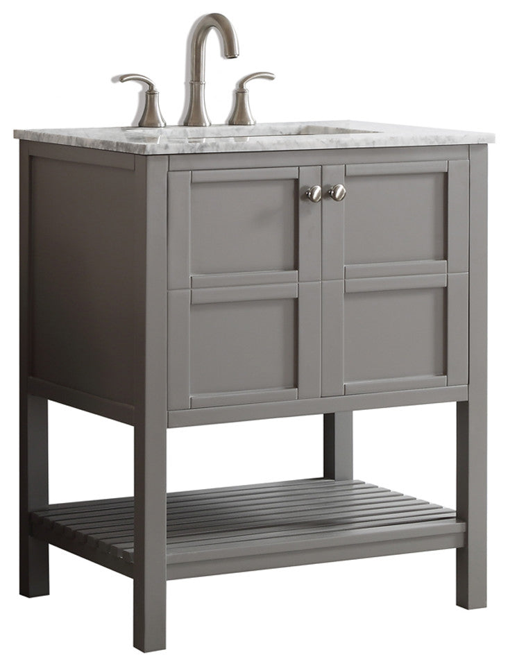 30" Single Vanity in Grey with Carrara White Marble Countertop Without Mirror